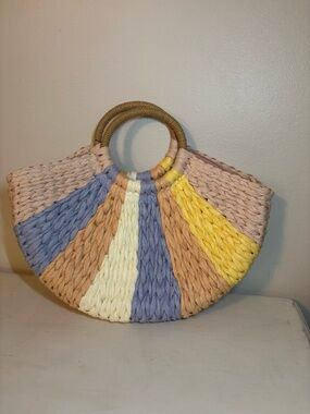 Handwoven Multicolor Straw Circle-Handle Tote in Yellow, Blue, Cream & Tan